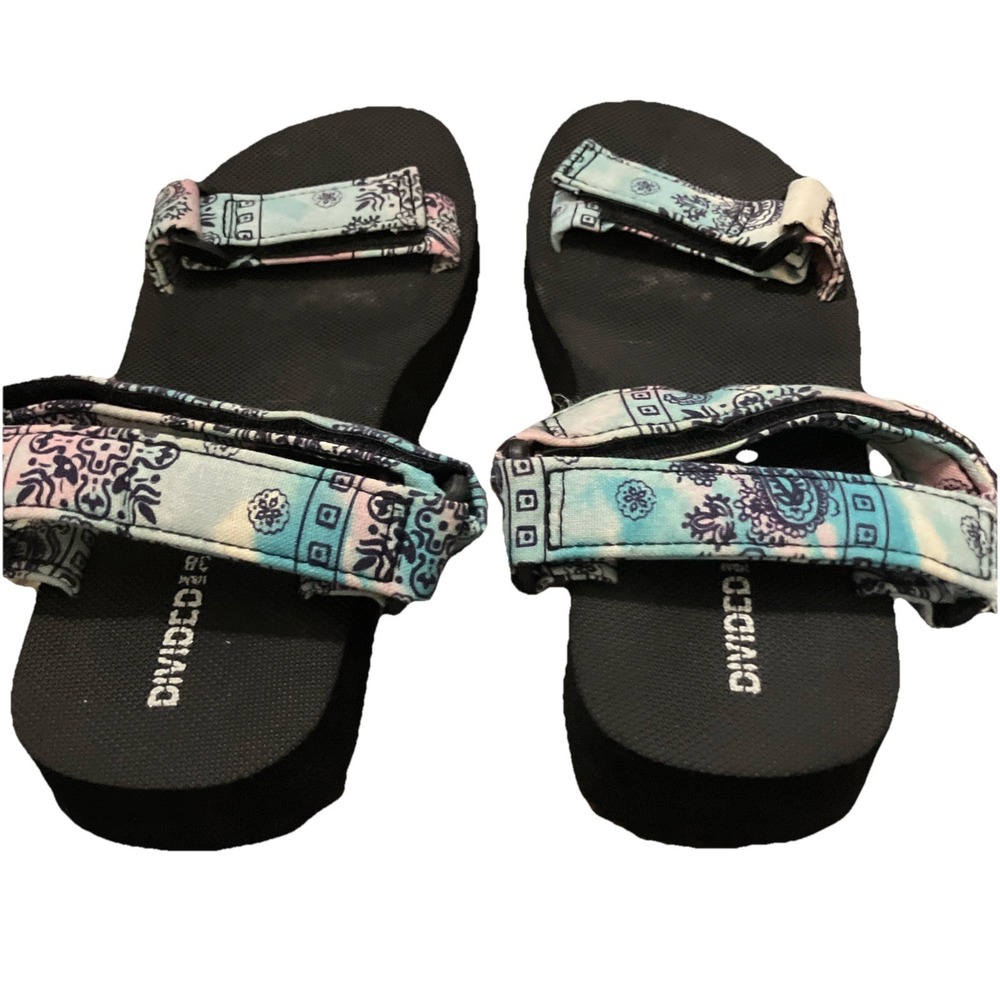 Used H&M Divided Sandals Size 7 US/38 EUR Teva Style Blue And Pink Pattern